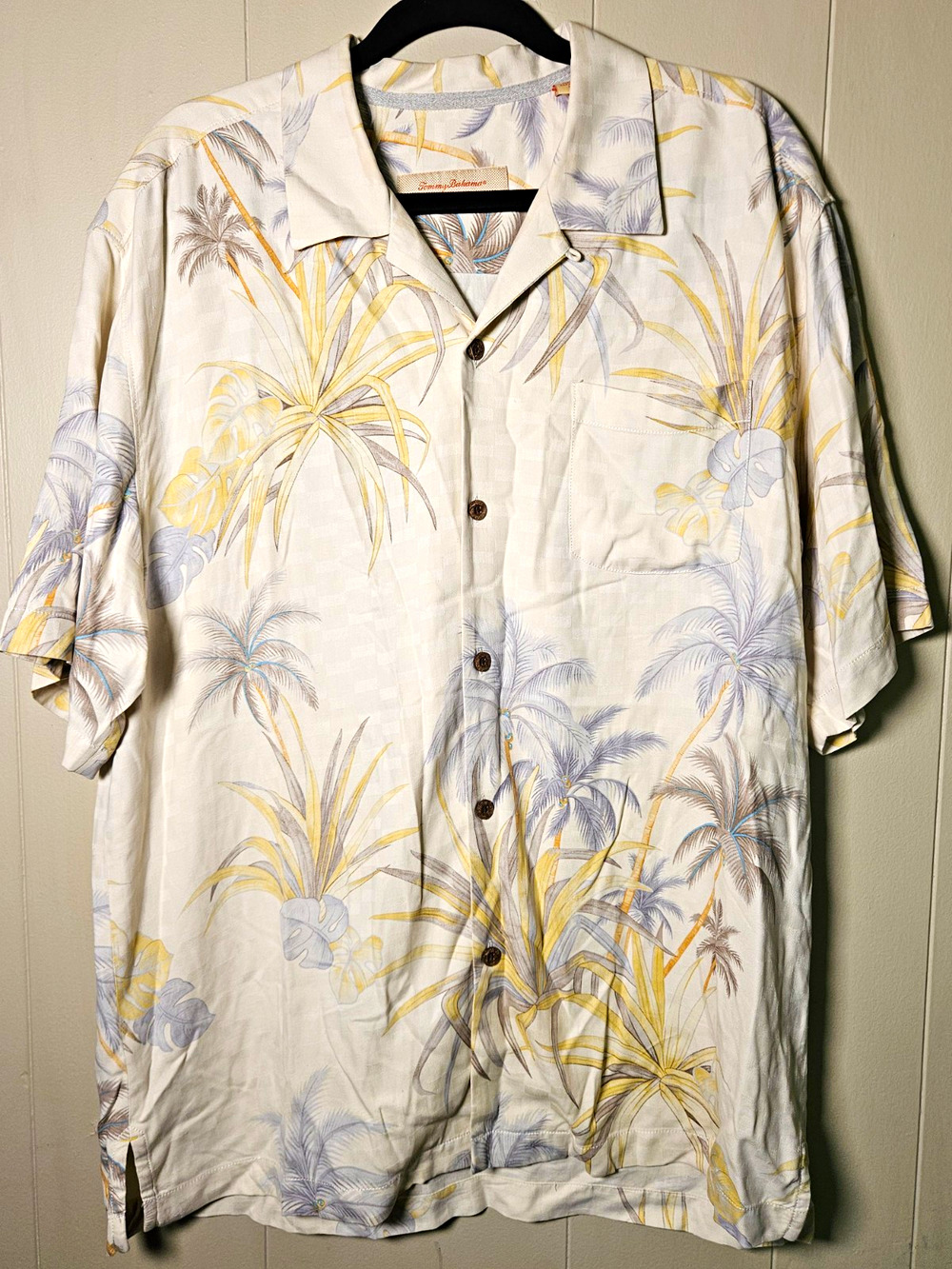 Tommy Bahama Men's L Woven Silk Hawaiian Floral Print Short Sleeve Button-Up